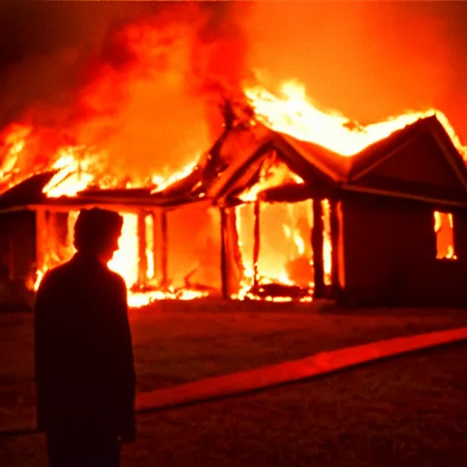 Image similar to a movie scene of a burning house, a man standing and watching the house while it's burning, by Roger Deakins, by Stanley Kubrick, cinestill 800t, HD, high detail, trending on artstation