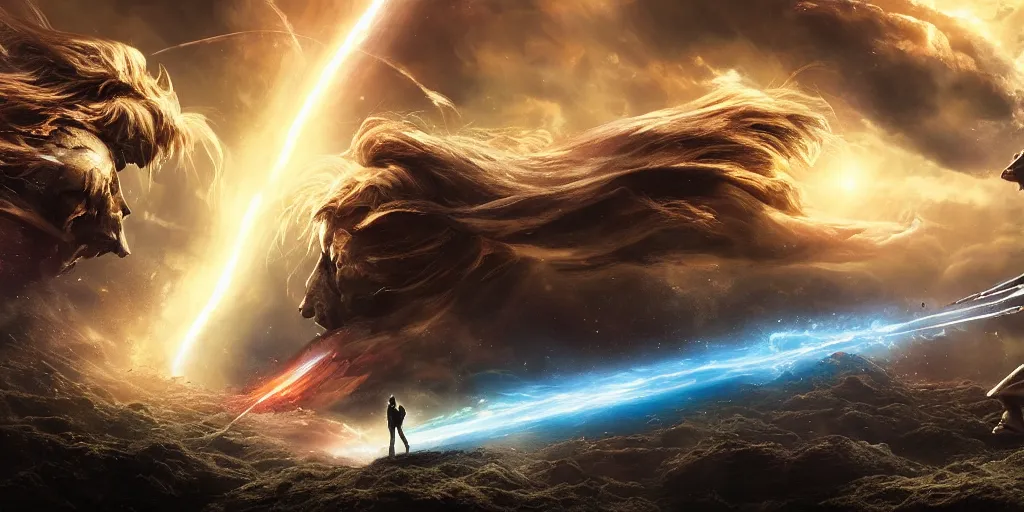 Image similar to beautiful cinematic artwork of an epic battle staring with a cosmic rift in the sky greg rutowski, masterpiece, 4k