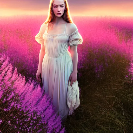 Prompt: photographic portrait of a stunningly beautiful renaissance female in soft dreamy light at sunset, field of fireweed, contemporary fashion shoot, by edward robert hughes, annie leibovitz and steve mccurry, david lazar, jimmy nelsson, breathtaking, 8 k resolution, extremely detailed, beautiful, establishing shot, artistic, hyperrealistic, beautiful face, octane render