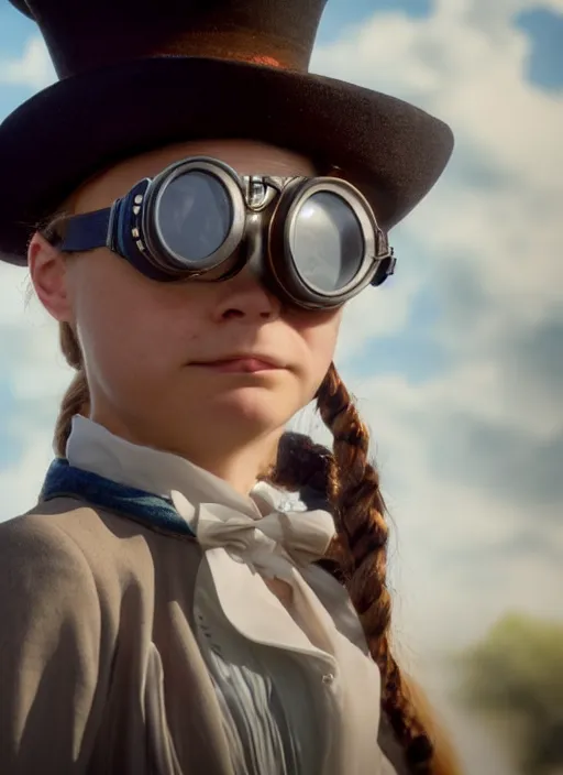 Prompt: closeup portrait of a steampunk greta thunberg wearing a top hat and goggles, depth of field, zeiss lens, detailed, symmetrical, centered, fashion photoshoot, by Annie Leibovitz and Steve McCurry, David Lazar, Jimmy Nelsson, Breathtaking, 8k resolution, extremely detailed, beautiful, establishing shot, artistic, hyperrealistic, beautiful face, octane render