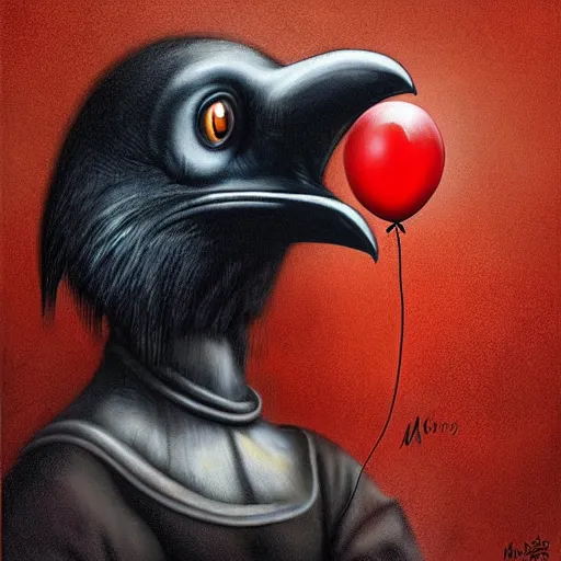 Image similar to surrealism grunge cartoon portrait sketch of a raven with a wide smile and a red balloon by - michael karcz, loony toons style, mona lisa style, horror theme, detailed, elegant, intricate