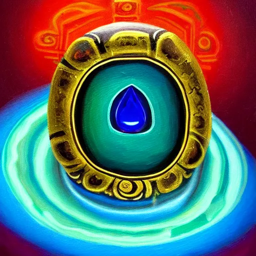 Prompt: oil painting of an ancient holy artifact in the shape of a ring, with iridescent mana flowing from it