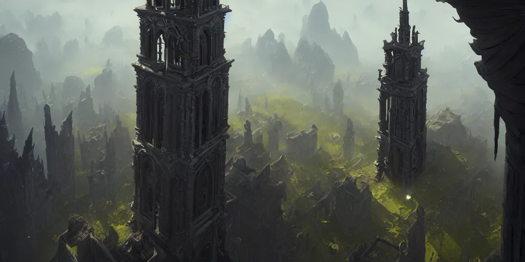 Image similar to gothic bell tower, view from above. in style of greg rutkowski, jesper ejsing, makoto shinkai, trending on artstation, fantasy, great composition, concept art, highly detailed, scenery, 8 k, behance.