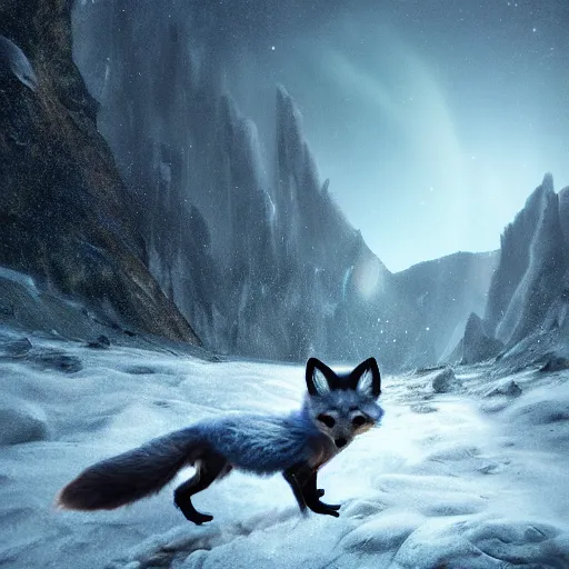 Prompt: alien ice fox walking through mountains, amazing landscape, 8k, digital art