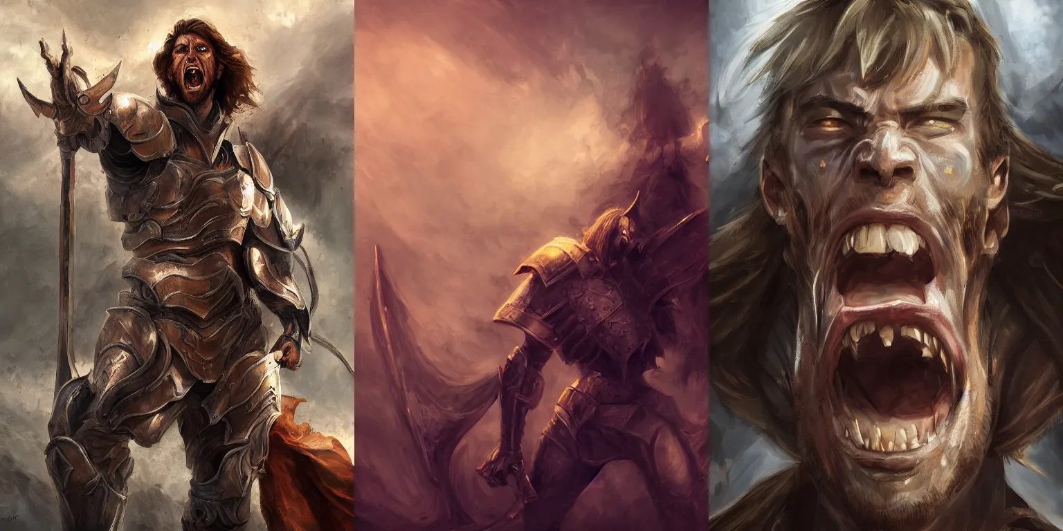 Image similar to half - length portrait of a human male paladin, screaming, emotions, dramatic. fantasy, digital painting, hd, detailed.