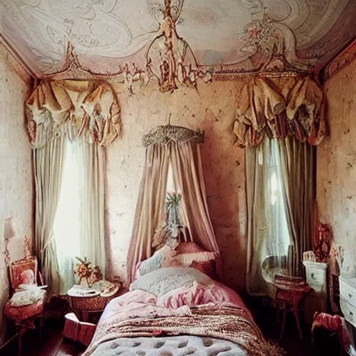 Prompt: a cozy bedroom transforming into a magical dream world, castle details, magic atmosphere, photographed by Petra Collins