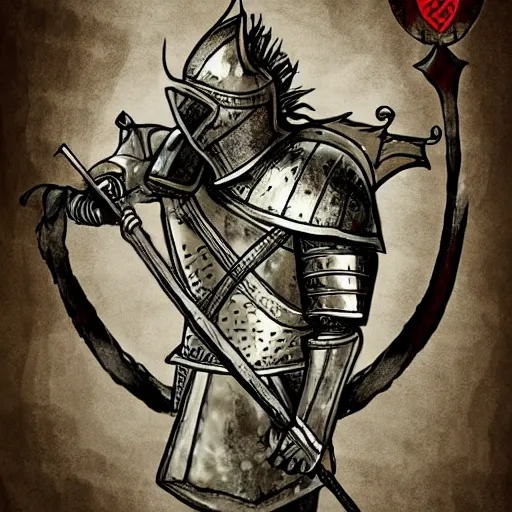 Prompt: a knight of the seven kingdoms with black armor and a stag's head helm holding a war hammer. digital arm