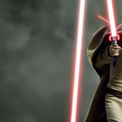 Image similar to emma watson as a jedi knight in battle, high high high quality