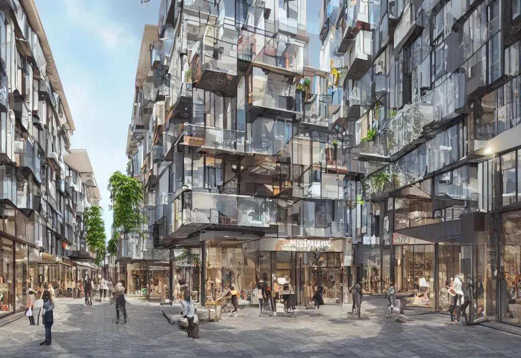 Image similar to a shopping street in a city, architectural block of boxes, highly detailed, octance render, leisure area in the middle of the building, 8 k rendering