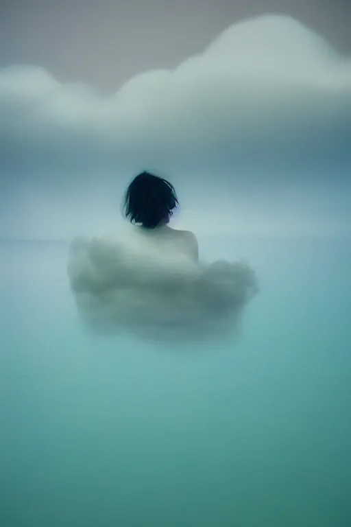 Image similar to high quality pastel coloured film close up wide angle photograph of a model childish expression swimming on cloud furniture in a icelandic black rock!! environment in a partially haze filled dreamstate world. three point light, rainbow. photographic production. art directed. pastel colours. volumetric clouds. pastel gradient overlay. waves glitch artefacts. extreme facial clarity. 8 k. filmic.