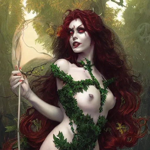 Image similar to a beautiful and detailed matte painting of poison ivy dressed as a seductive vampire cat girl, fantasy, d & d, dark eyeliner, intricate, elegant, highly detailed, digital painting, artstation, concept art, matte, sharp focus, illustration, art by greg rutkowski and alphonse mucha