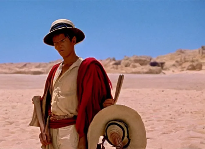 Prompt: a film still of luffy in lawrence of arabia ( 1 9 6 2 ), technicolor