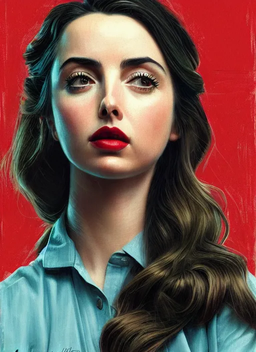 Image similar to twin peaks movie poster art, portrait of ana de armas, from scene from twin peaks, clean, simple illustration, nostalgic, domestic, highly detailed, digital painting, artstation, concept art, smooth, sharp focus, illustration, artgerm, donato giancola, joseph christian leyendecker, wlop