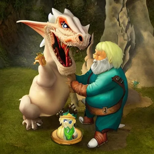 Image similar to dragon that is taming a gnome, gnome is being tamed by a dragon