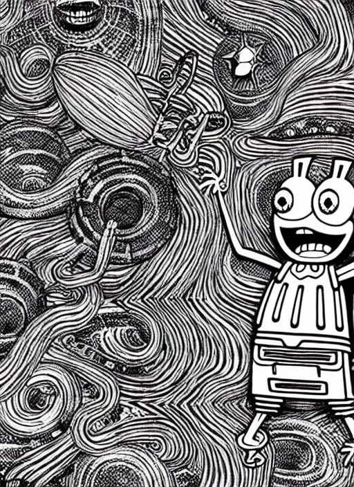 Image similar to junji ito style spongebob squarepants, intricate, highly detailed, illustration, art by junji ito, junji ito