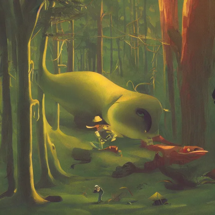 Image similar to fat alien eating slugs in the forest, highly detailed, Edward Hopper and James Gilleard