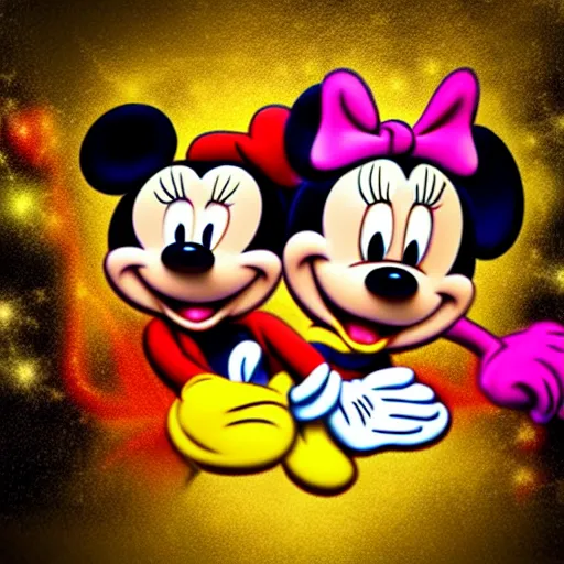 Image similar to ! dream minnie and mickey mouse doing lsd at a rave highly detailed digital photograph cinematic lighting