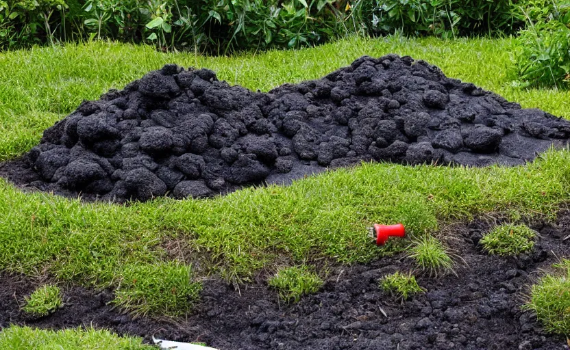 Image similar to miniature volcano erupting with streams of lava in a suburban yard, ground level