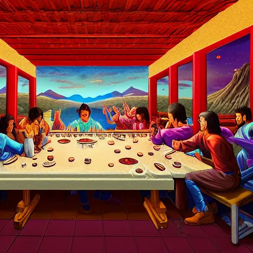 Image similar to the last supper in a mexican restaurant, by dan mumford, yusuke murata, makoto shinkai, ross tran, cosmic, heavenly, god rays, intricate detail, cinematic, 8 k, cel shaded, unreal engine, featured on artstation, pixiv