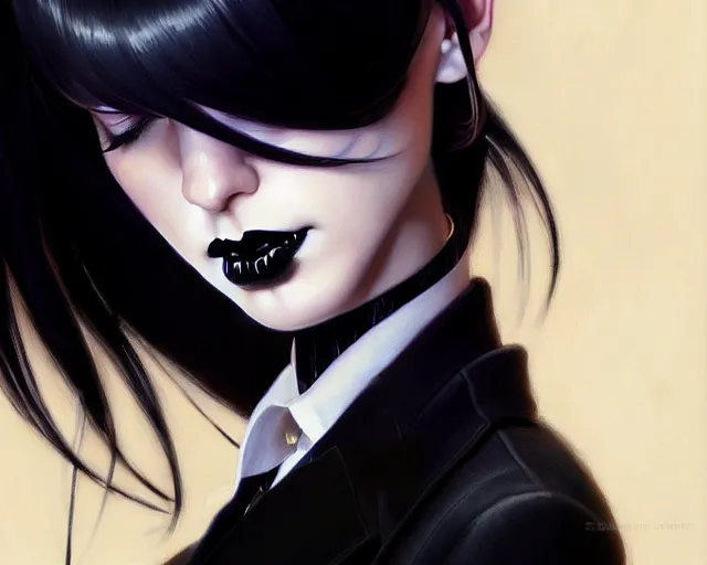 Image similar to a ultradetailed beautiful portrait panting of a stylish goth woman, wearing a shirt with a tie, dramatic, she has black hair, fashion, by hajime sorayama, makoto shinkai, greg rutkowski and conrad roset, trending on artstation