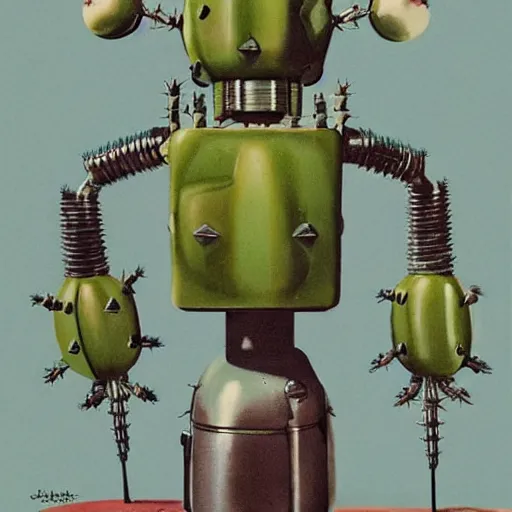 Prompt: 1950s retro cactus robot, with spikes on the head. Bionic Arms and eyes. pop surrealism, muted colours. by Jean-Baptiste Monge, wide shot