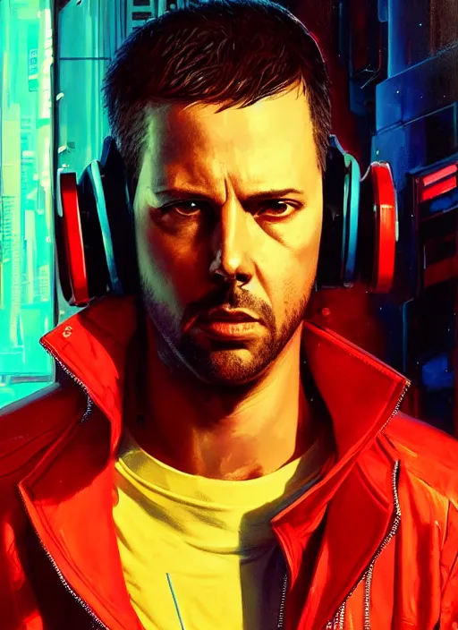 Image similar to cyberpunk character wearing jumpsuit and red jacket and cyberpunk headset. ( blade runner 2 0 4 9, dystopian, cyberpunk 2 0 7 7 character design ). attractive face. portrait by james gurney and laurie greasley, oil on canvas. cinematic, hyper realism, realistic proportions, full view, dramatic lighting, high detail 4 k