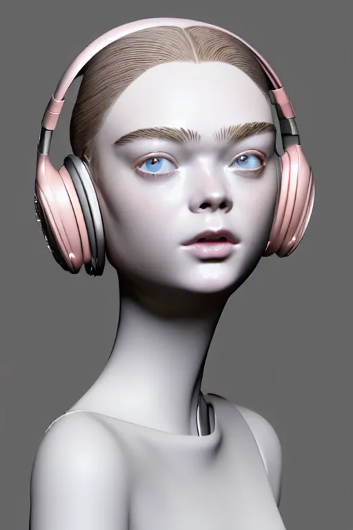 Prompt: complex 3d render ultra detailed of a beautiful porcelain profile elle fanning face with headphones by beats, biomechanical cyborg, analog, 150 mm lens, beautiful natural soft rim light, big leaves and stems, roots, fine foliage lace, silver dechroic pastel colors details, massai warrior, Alexander Mcqueen high fashion haute couture, pearl earring, art nouveau fashion embroidered, steampunk, intricate details, mesh wire, mandelbrot fractal, anatomical, facial muscles, cable wires, microchip, elegant, hyper realistic, ultra detailed, octane render, H.R. Giger style, volumetric lighting, 8k post-production