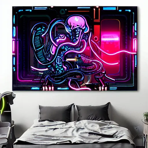 Prompt: battle octopus cyberpunk neon