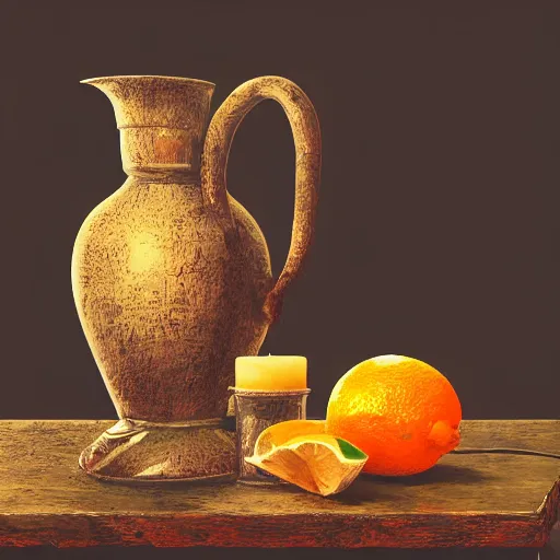 Image similar to still art, antique jug with palms inside on wooden antique table, old candle, much vegetables, lemon, orange, pepper, cinematic light, contrast shadows, dark light, detailed, digital art, concept art, trending on artstation, highly detailed, intricate, sharp focus, digital art, 8 k