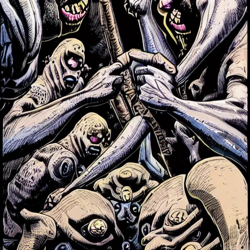 Prompt: precisely drawn illustration of a flesh pile of arms eyes and mouths, wide angle, sharp, fine details, french comic style, vibrant realistic colors, full color, heroic fantasy, intense line art, 8 k, precise linework, realistic, in the style of heavy metal comics and richard corben and moebius