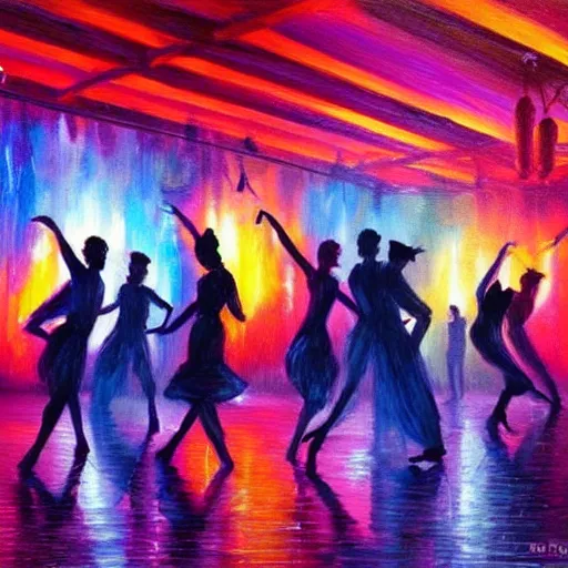 Prompt: dark dancing silhuettes in a dance club, colorful lights, dramatic lighting, a lot of energy, oil painting, hyperrealistic, very detailed, high quality