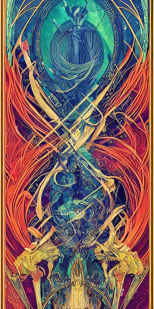 Image similar to a tarot card with an art deco boarder, by android jones