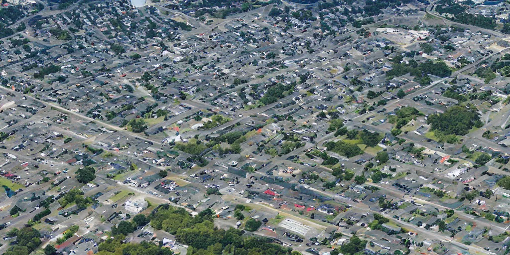 Image similar to bird's eye view photo of a low - rise city, with small woods and hills in the north with trailer park. in the south are buildings, a highway, inlet shipping dock area, and monorail station.