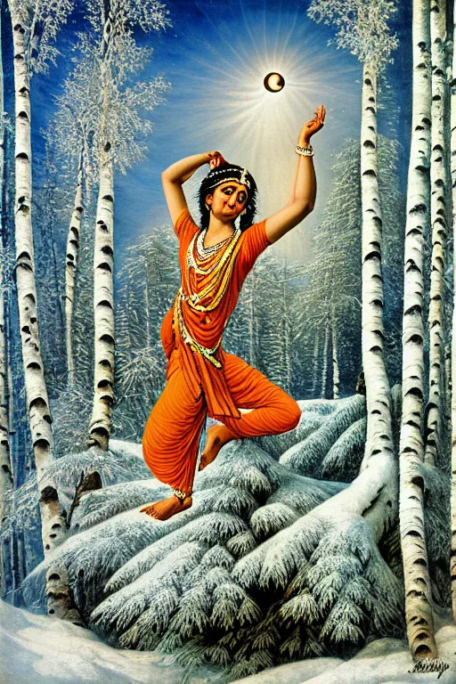 Image similar to ivan shishkin style nataraja dancing in a winter birch grove and raising snow clouds during a solar eclipse, visionary art style