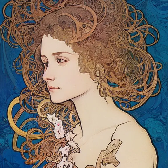 Prompt: a highly detailed beautiful portrait in the style of alphonse mucha and in the style of james jean.