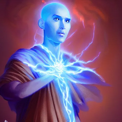 Image similar to a fantastical glowing young monk made of blue aura illustrated by artgerm and greg rutkowski