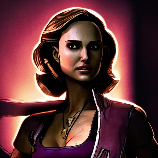 Image similar to natalie portman portrait, borderlands, tales from the borderlands, the wolf among us, comic, cinematic lighting, studio quality, 8 k