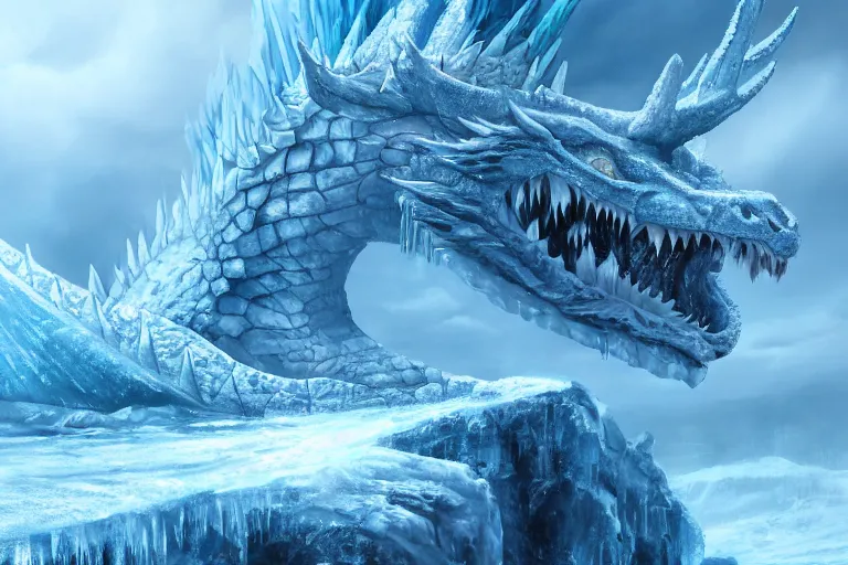 Prompt: frozen dragon in a giant throne of ice, mystical, digital painting, mixed media, trending on artstation and deviantart, epic composition, highly detailed, 8 k