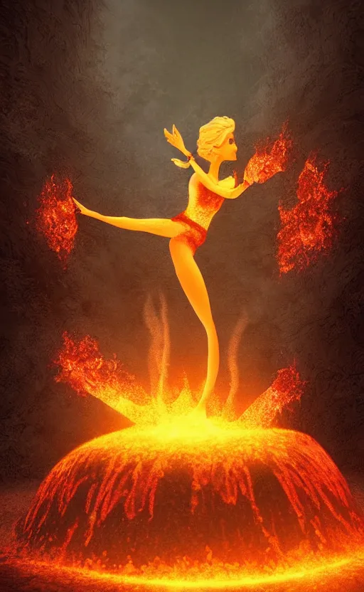 Prompt: elsa dancing inside a molten lava volcano, magical lighting, digital art