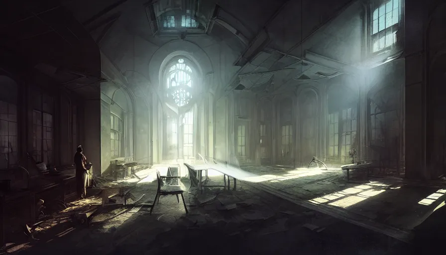 Image similar to high tech nomands exploring abandoned laboratory from early xx century, light, shadows, reflections, steam, epic composition, intricate, elegant, volumetric lighting, digital painting, highly detailed, artstation, sharp focus, illustration, concept art, ruan jia, steve mccurry