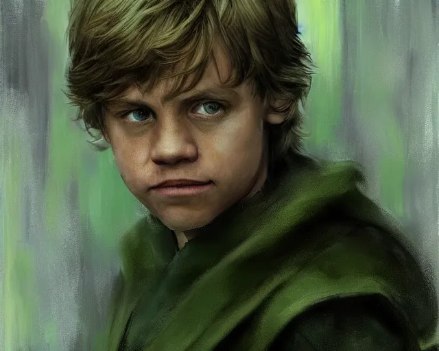 Image similar to portrait of young luke skywalker mark hamill young from star wars 6 return of the jedi 1 9 8 3 in shades of grey but with green by jeremy mann