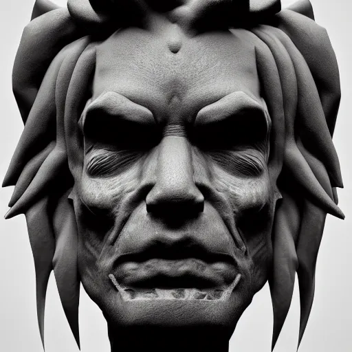 Image similar to a sculpture portrait of a man. black iron. black background. cast iron. gothic baroque. expressive eyes. symmetry. epic. ominous shapes. hyper detailed. lighting from the bottom, sharp shadows. photoreal. octane render. trending on artstation