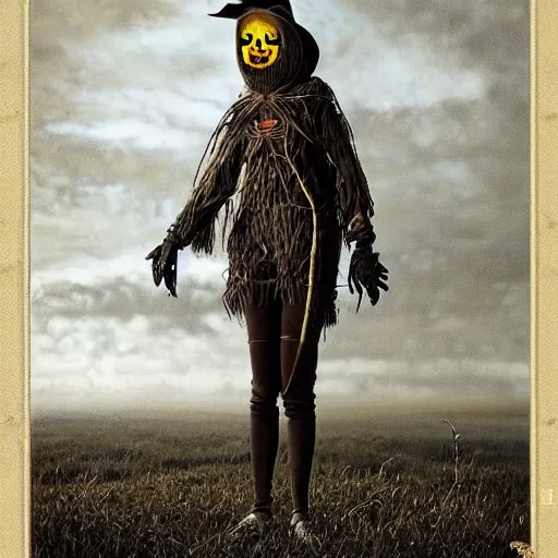 Image similar to female scarecrow hyper realistic, elegant, ornate, elite, horror, creepy, ominous, haunting, cinematic lighting, metal plate photograph, unreal engine, symmetrical, cinematic centered camera, high detail by Isaac Levitan, Frederic Church and Vasily Perov