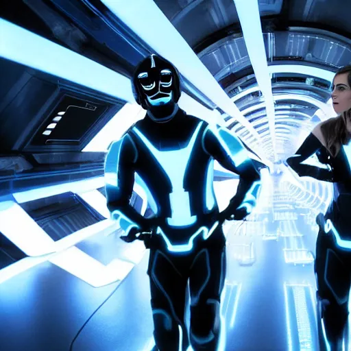 Image similar to emma watson and jack black in the movie tron legacy ( 2 0 1 0 ), cinematic, film still
