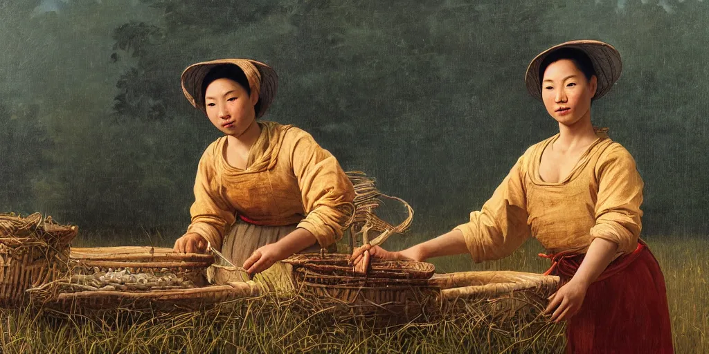 Prompt: beautiful oil matte portrait painting, vietnamese woman of an elevated rice field tending to her work, wonderful masterpiece highly detailed, beautiful cinematic light deep focus, elegant, digital painting, smooth, sharp focus, golden ratio, dramatic illumination, ultra realistic, 8 k, art by artemisia lomi gentileschi and caravaggio