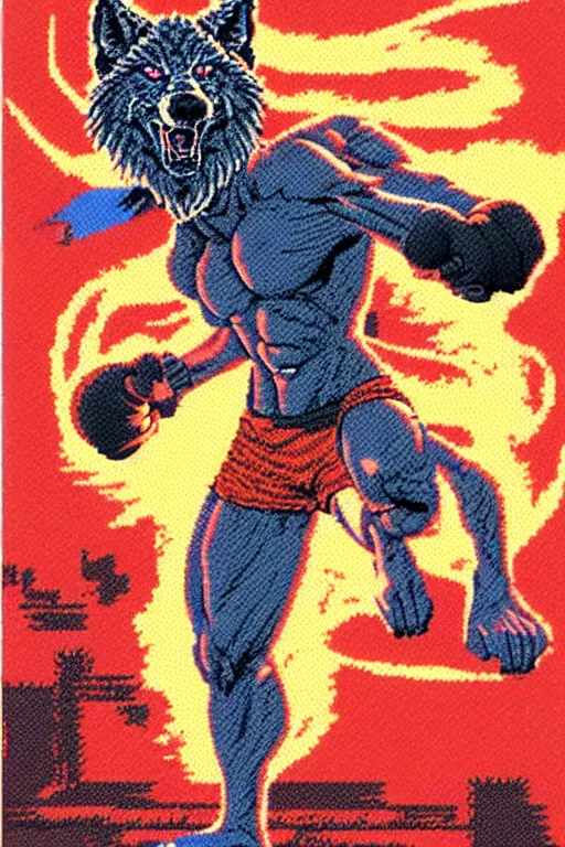 Image similar to extreme long shot. 8 bit nes graphics. hermann nitschantropomorphic muscular masculine wolf. kickboxer fighter, in shorts. wolf head. art from nes game cartridge,