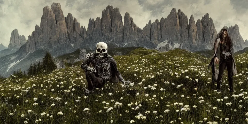 Image similar to skulls being overgrown by edelweiss, dolomites in background, dark, eerie, despair, portrait photography, artstation, digital art, adward winning, concept art, artstation, highly detailed, sharp focus, by caravaggio