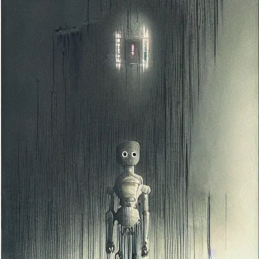 Image similar to robot ghost, glitch distortion, Unbearable Anxiety, by Stephen Gammell and Beksinski and Stalenhag.