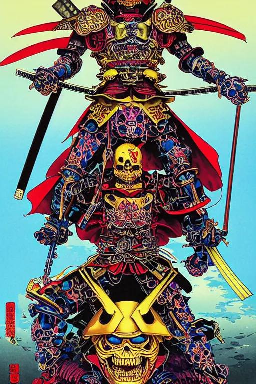 Image similar to poster of crazy skeletor samurai with japanese armor and helmet, by yoichi hatakenaka, masamune shirow, josan gonzales and dan mumford, ayami kojima, takato yamamoto, barclay shaw, karol bak, yukito kishiro