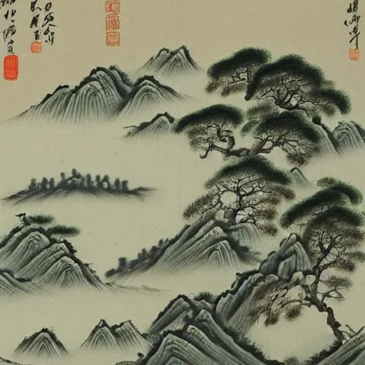 Prompt: beautiful landscapes in the style of Cheng Jiasui (程嘉燧, 1565–1643), Chinese landscape painter and poet